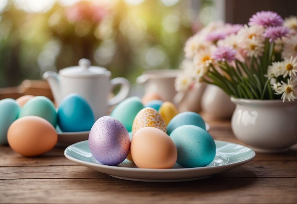 Uma mesa adornada com ovos de Páscoa em tons pastéis, flores vibrantes e decorações extravagantes de coelhinhos. Um cenário acolhedor e festivo para os convidados