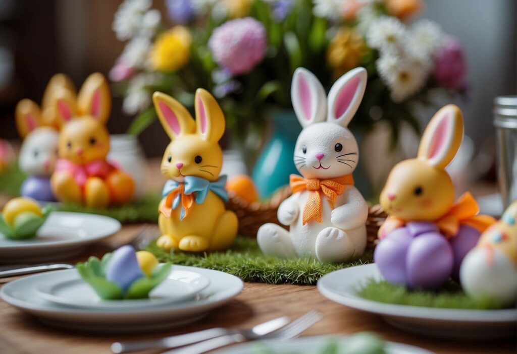 Uma mesa festiva com decorações coloridas de coelhinhos da Páscoa, rodeada de convidados felizes desfrutando do ambiente encantador