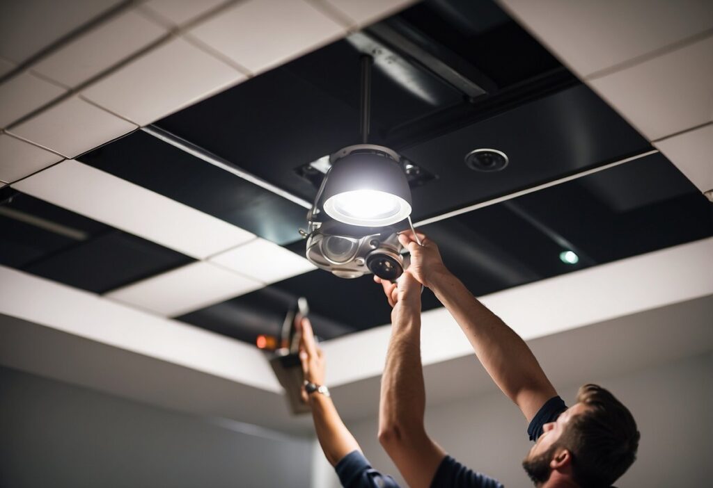 Um teto aberto com uma luminária LED embutida sendo instalada por um par de mãos segurando a luminária no lugar